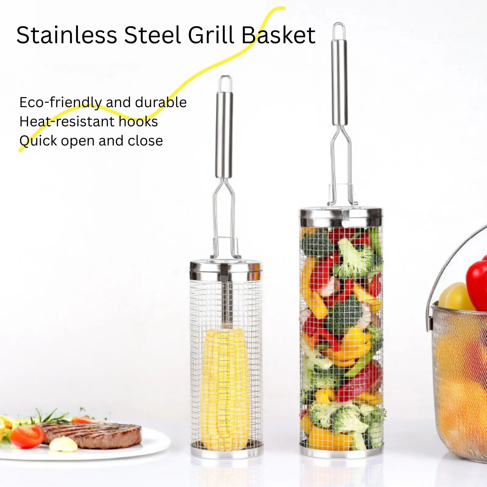 Camping Cooking Essentials - Stainless Steel Rolling Grill Basket –